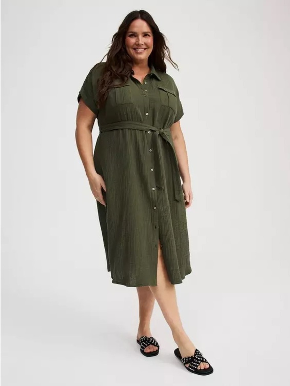 Olive Button-Front Shirt Dress with Tie Waist